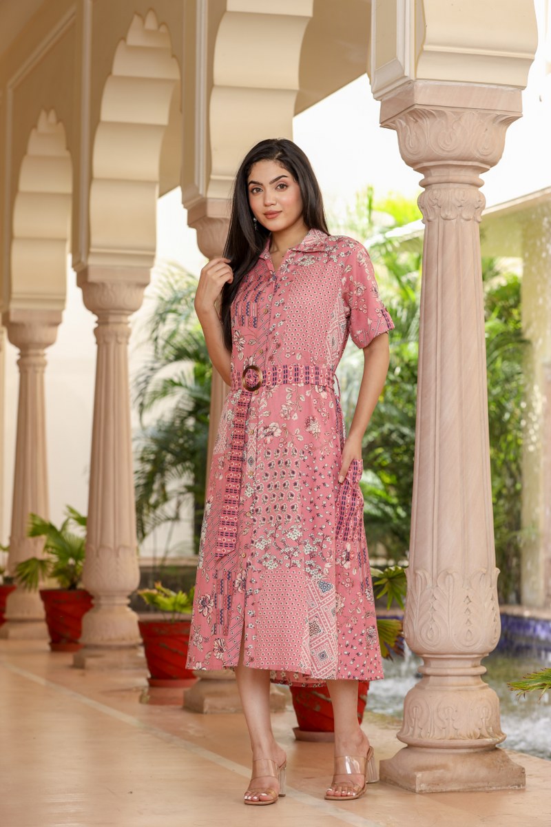 Women's Pink Patchwork Print Belted Shirt Midi Dress