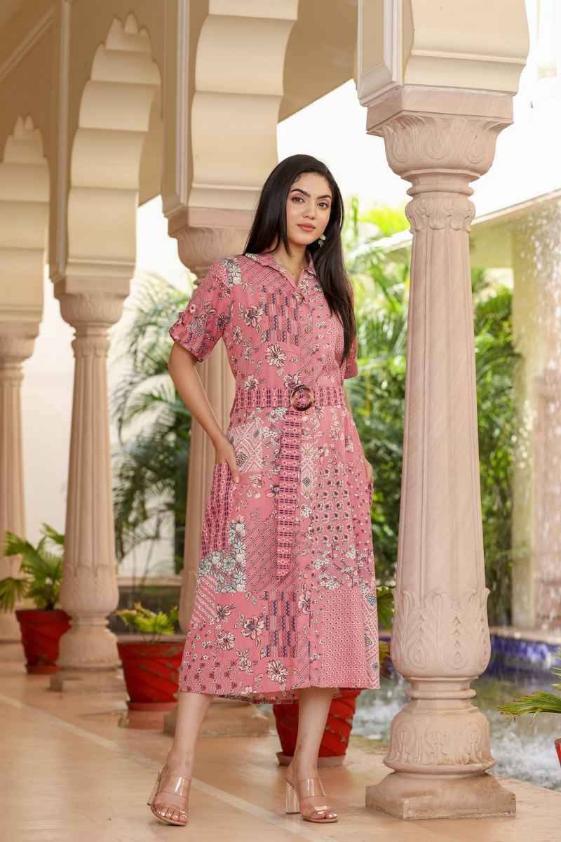Women's Pink Patchwork Print Belted Shirt Midi Dress