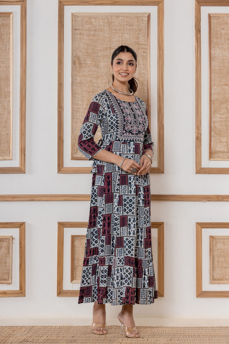Women's Maroon & White Printed Cotton Midi Dress