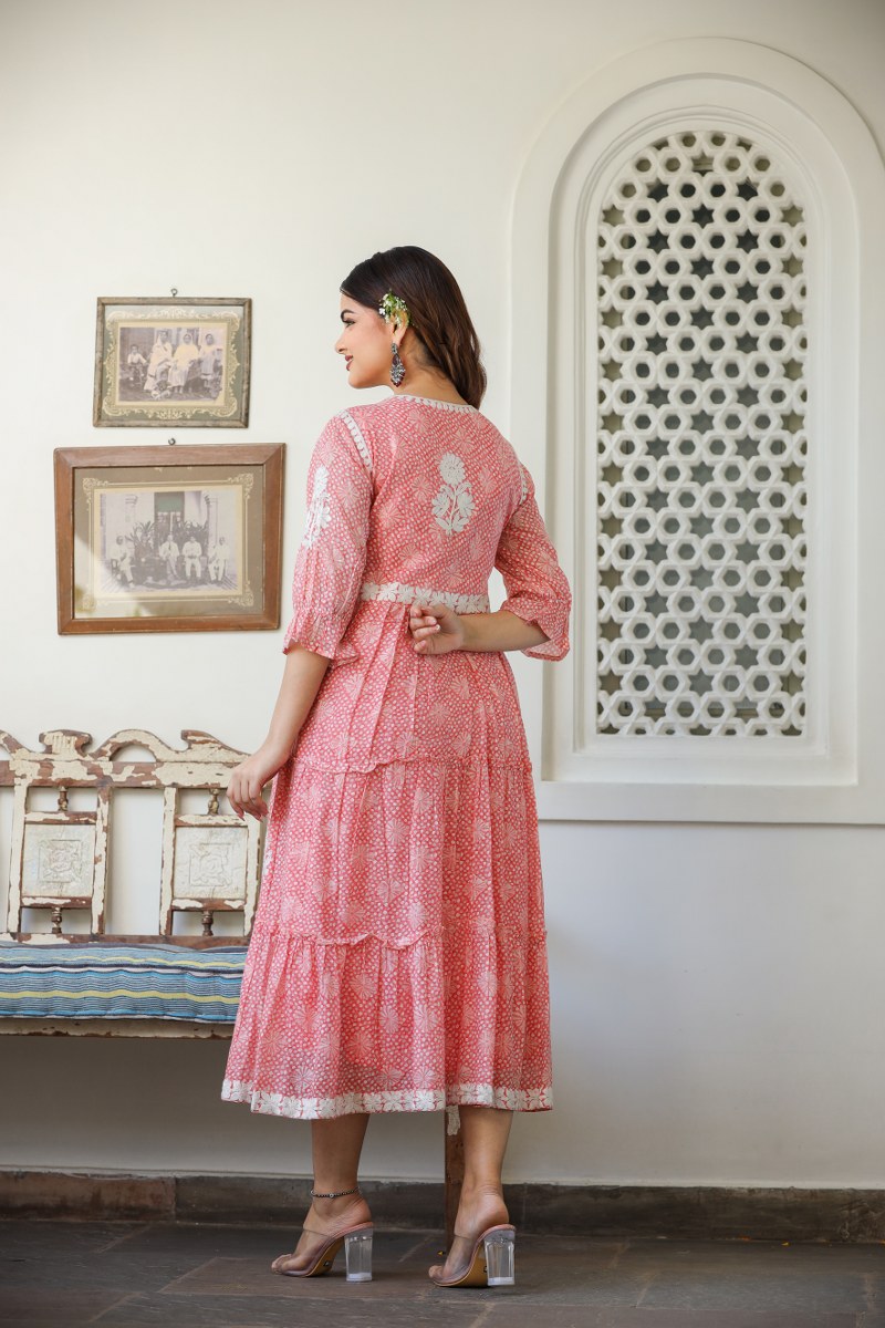Women's Peach & White Embroidered Cotton Midi Dress