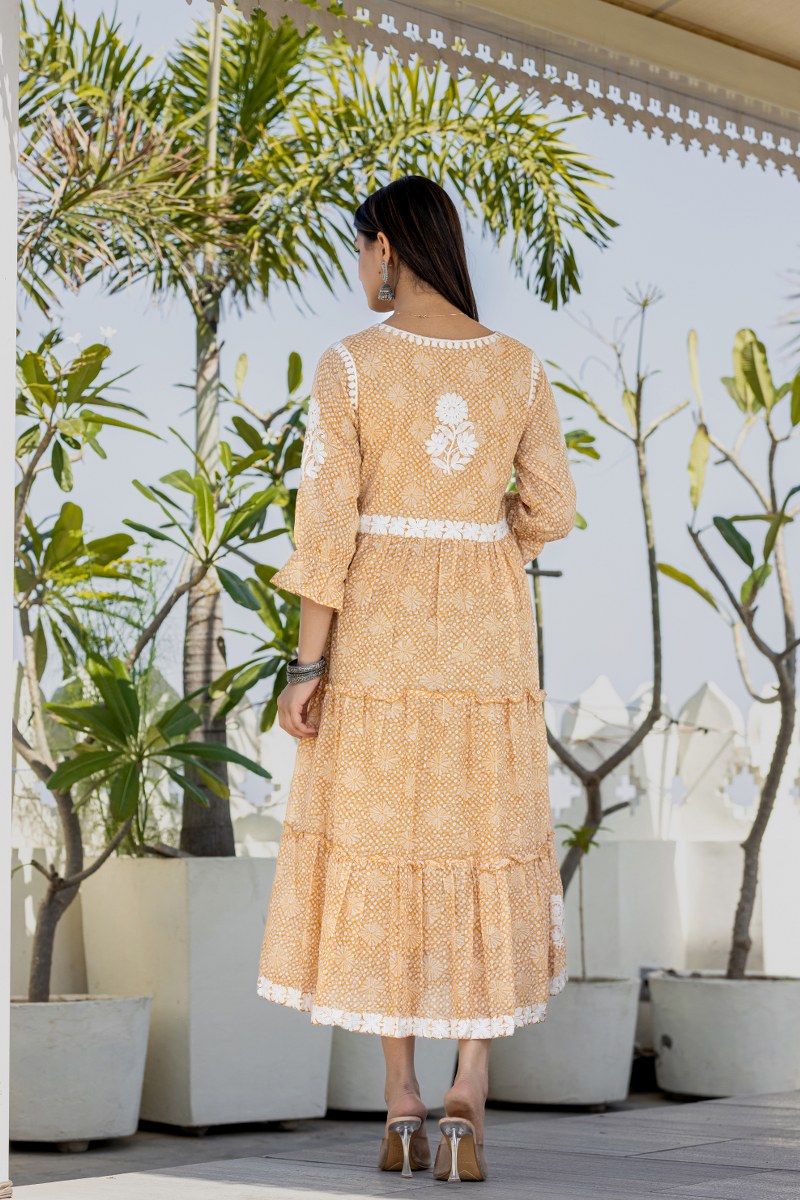 Women's Mustard Yellow & White Embroidered Cotton Midi Dress