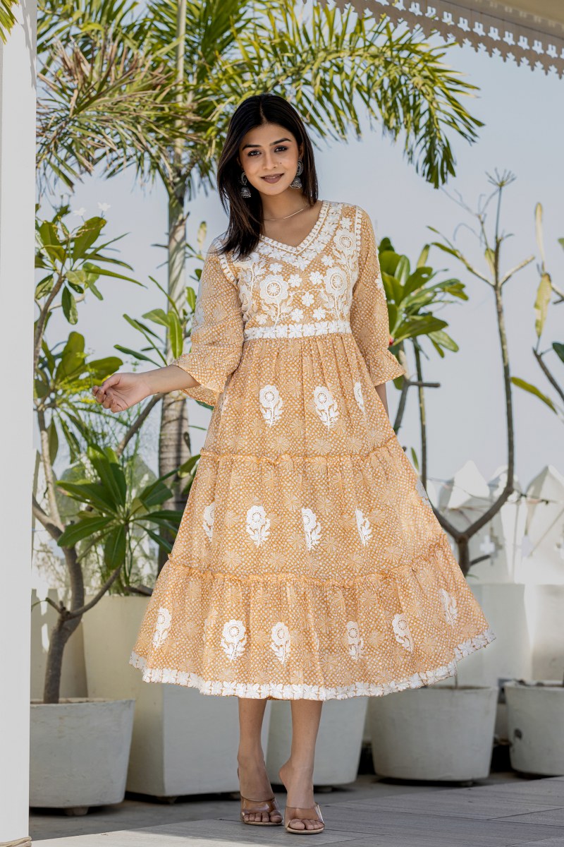 Women's Mustard Yellow & White Embroidered Cotton Midi Dress