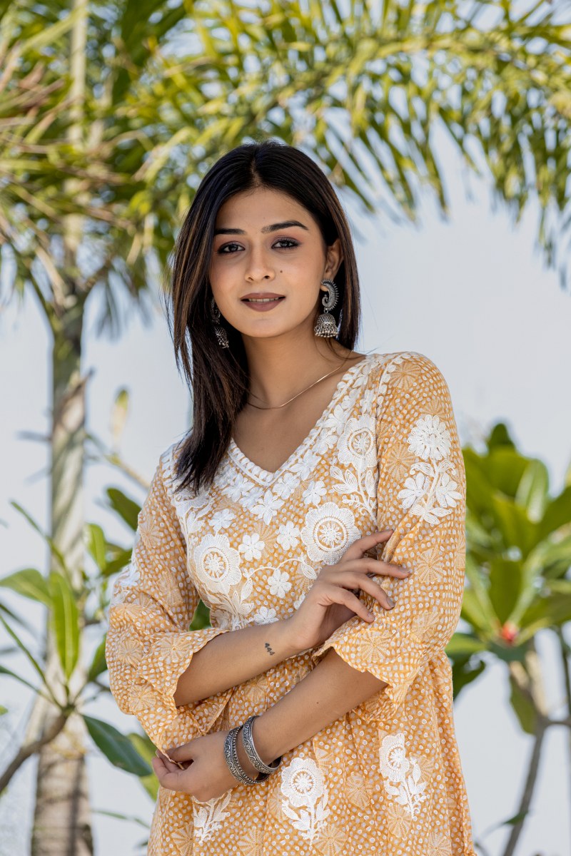 Women's Mustard Yellow & White Embroidered Cotton Midi Dress