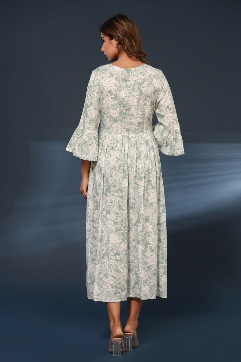 Women's Mint Green & White Floral Printed Cotton Midi Dress