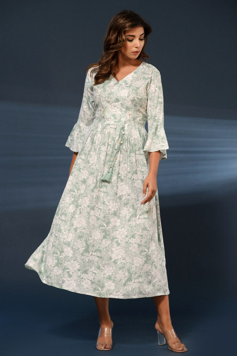 Women's Mint Green & White Floral Printed Cotton Midi Dress