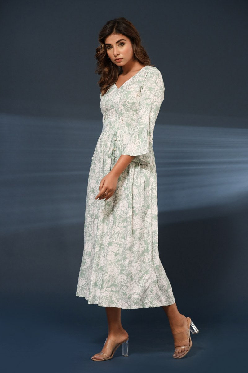 Women's Mint Green & White Floral Printed Cotton Midi Dress