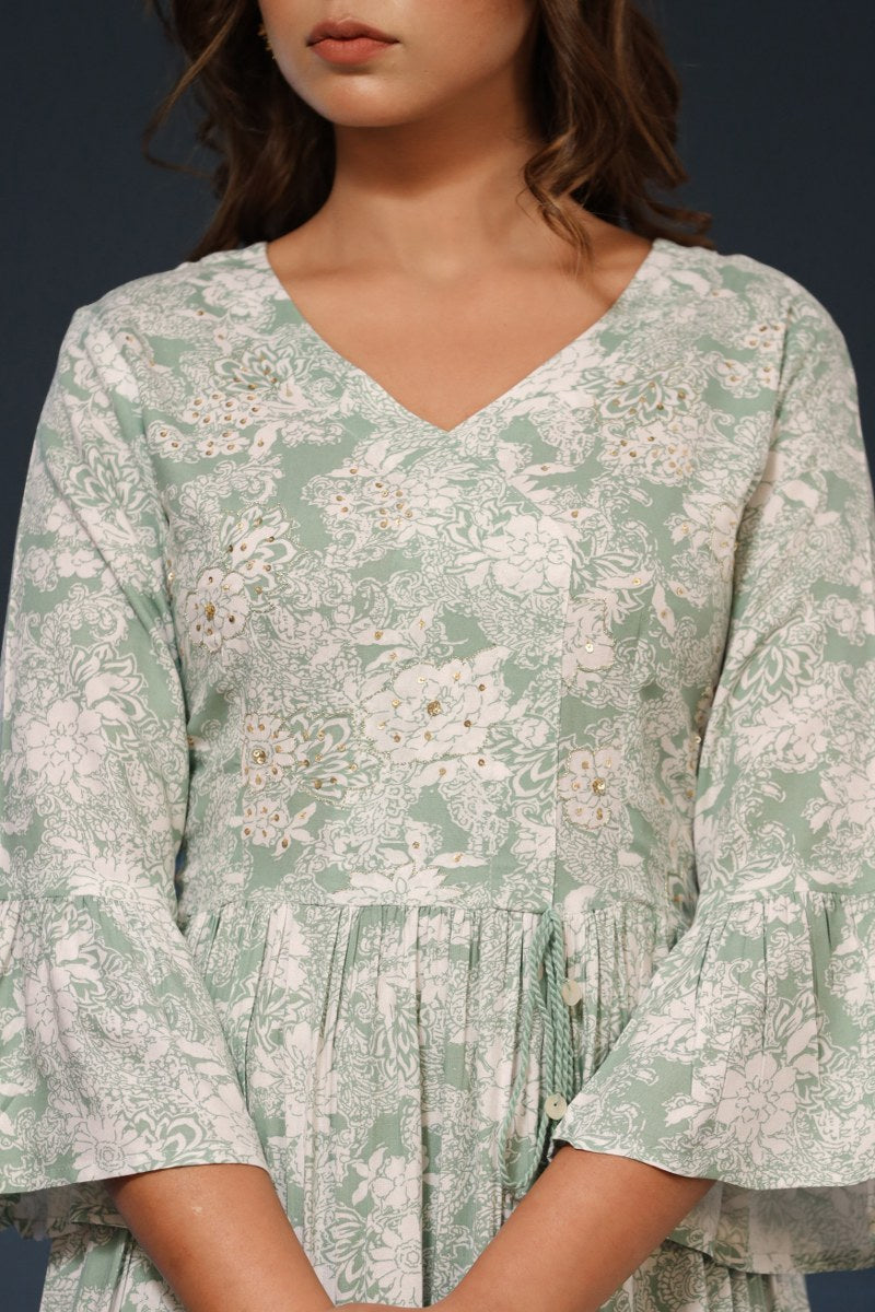Women's Mint Green & White Floral Printed Cotton Midi Dress