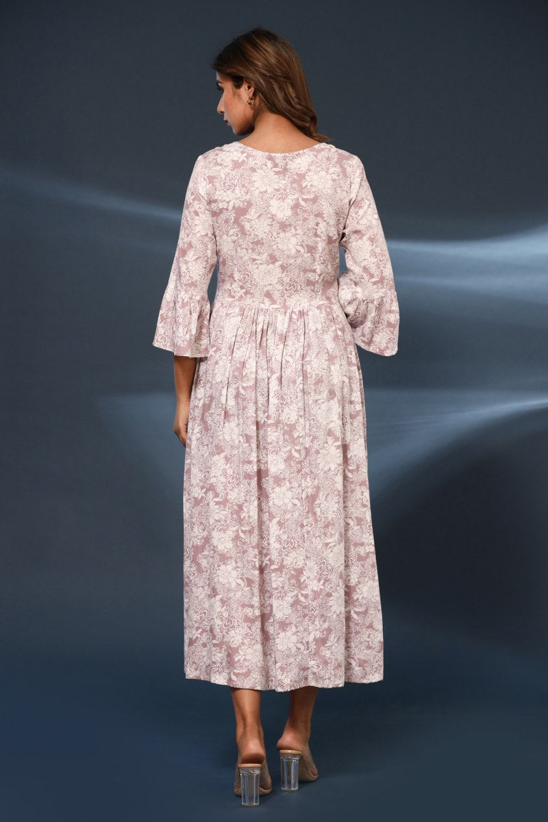 Women's Mauve & White Floral Printed Cotton Midi Dress