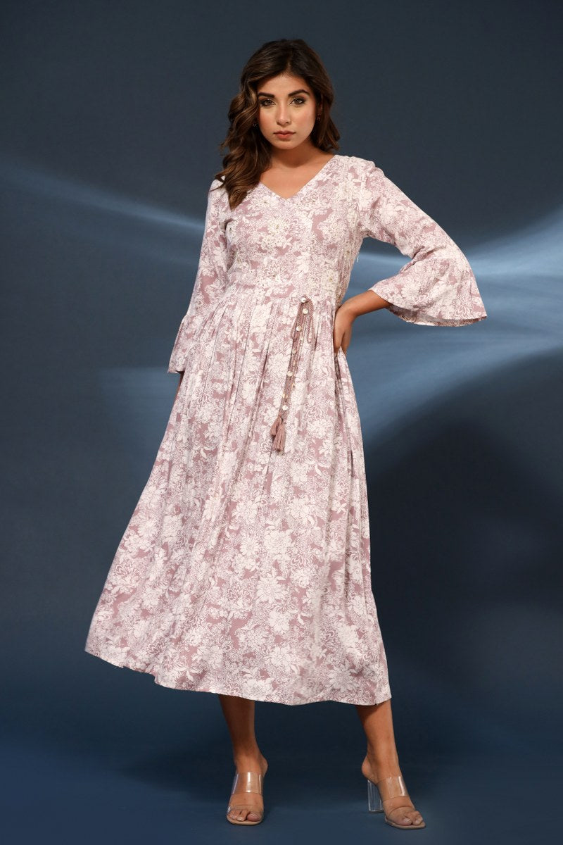 Women's Mauve & White Floral Printed Cotton Midi Dress