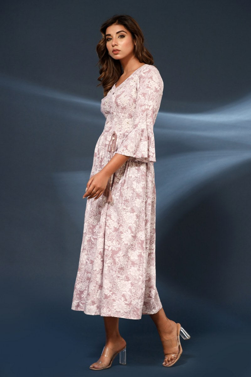 Women's Mauve & White Floral Printed Cotton Midi Dress