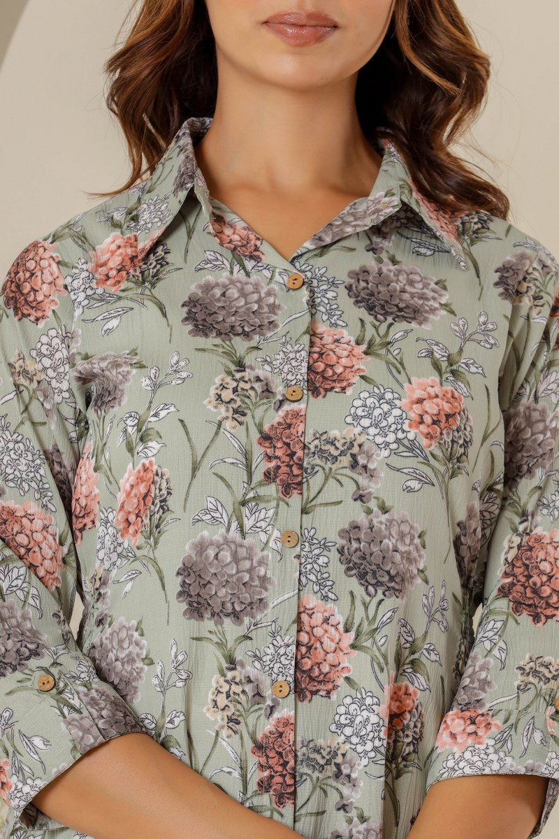 Women's Sage Green Floral Printed Shirt Midi Dress