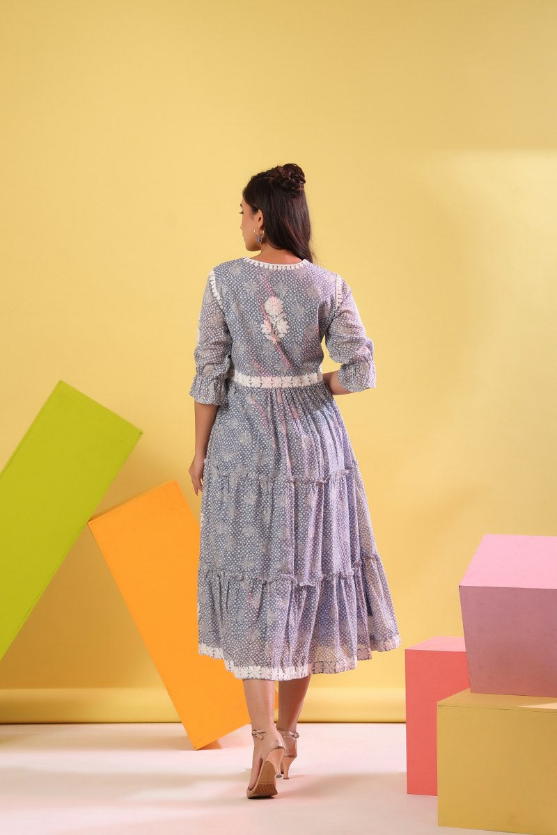 Women's Grey & White Embroidered Cotton Midi Dress