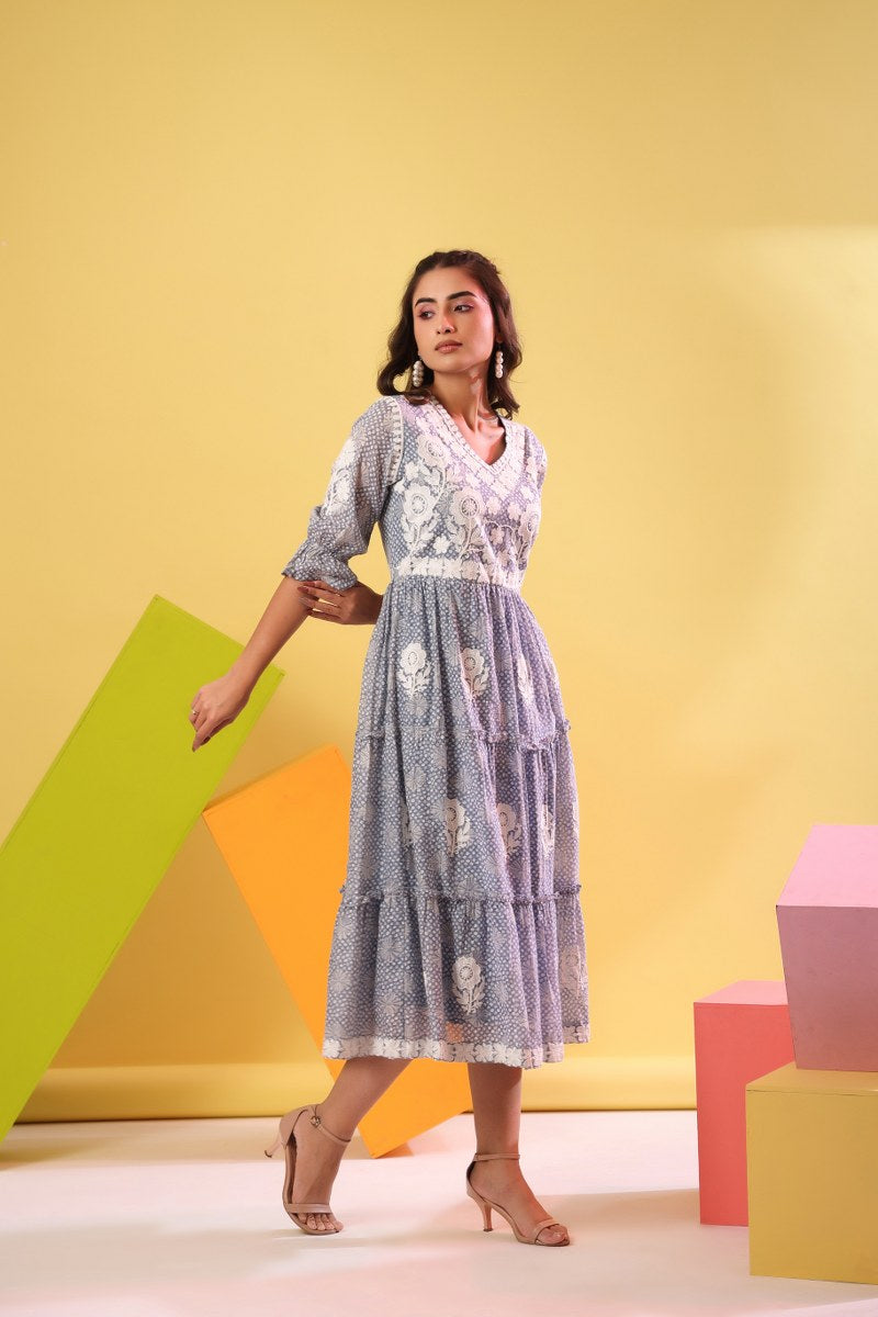 Women's Grey & White Embroidered Cotton Midi Dress