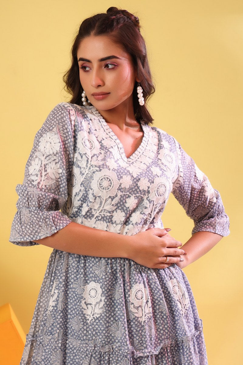 Women's Grey & White Embroidered Cotton Midi Dress