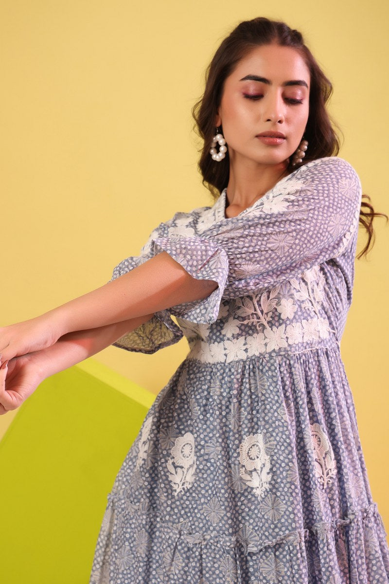Women's Grey & White Embroidered Cotton Midi Dress