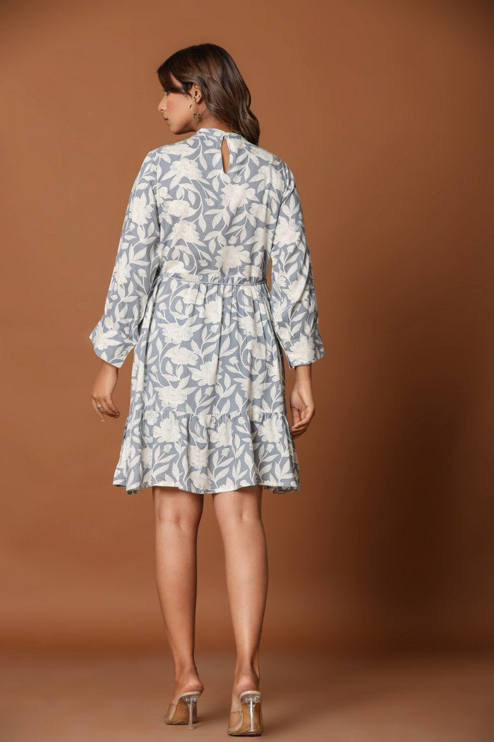 Dusty Blue Floral A-Line Short Dress with Lace Placket