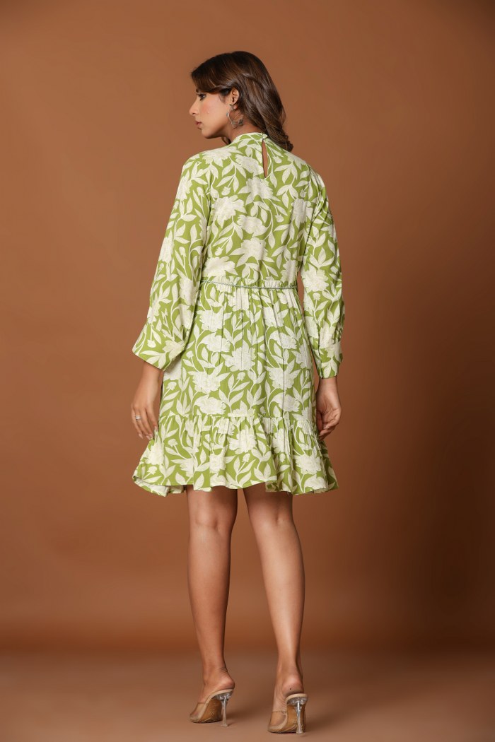 Olive Green Floral A-Line Short Dress with Lace Placket