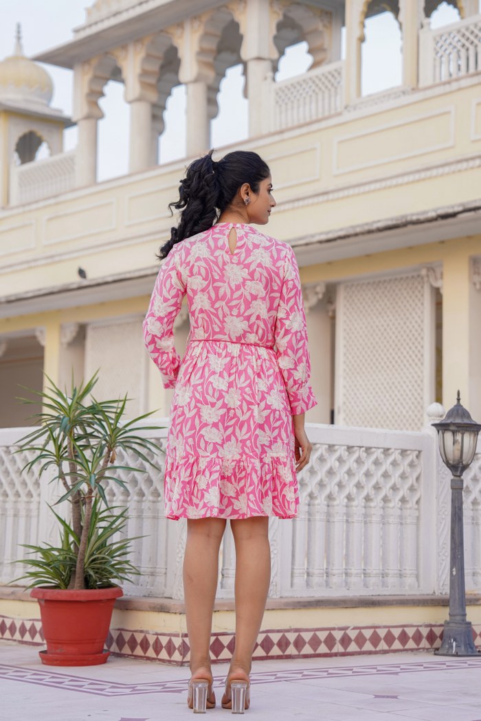 Pink Floral A-Line Short Dress with Lace Detailing