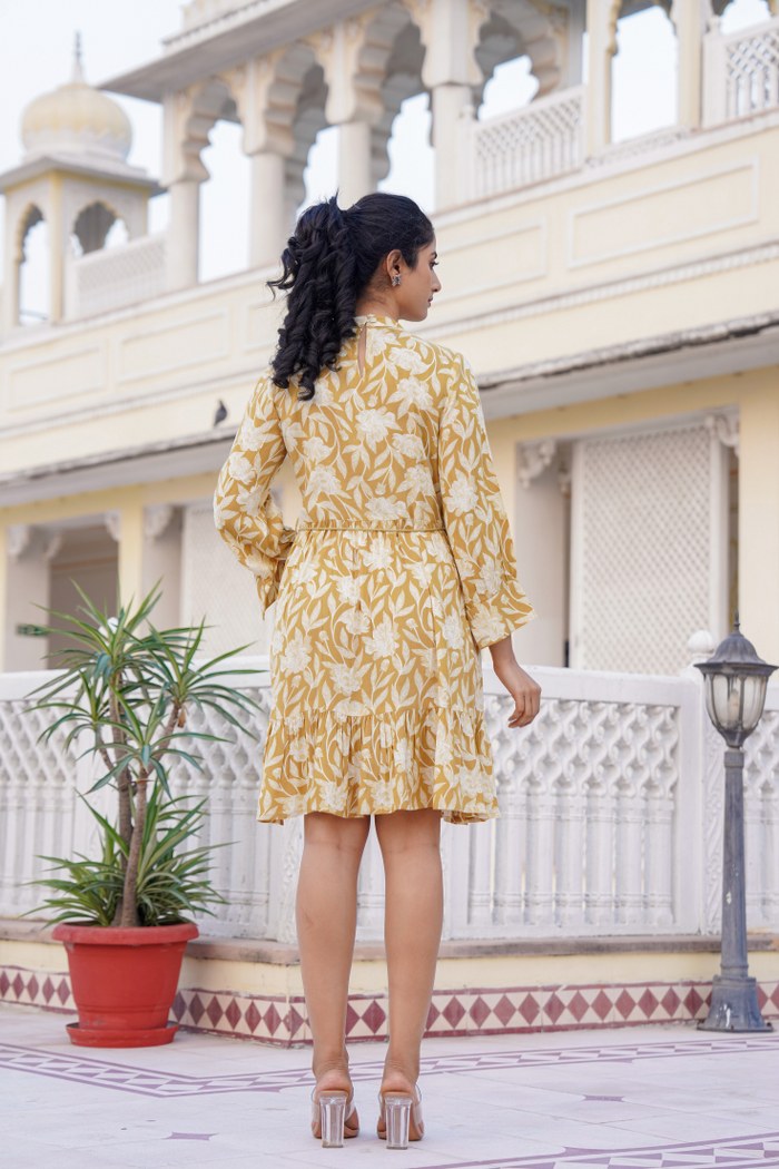 Mustard Yellow Floral A-Line Short Dress with Lace Detailing
