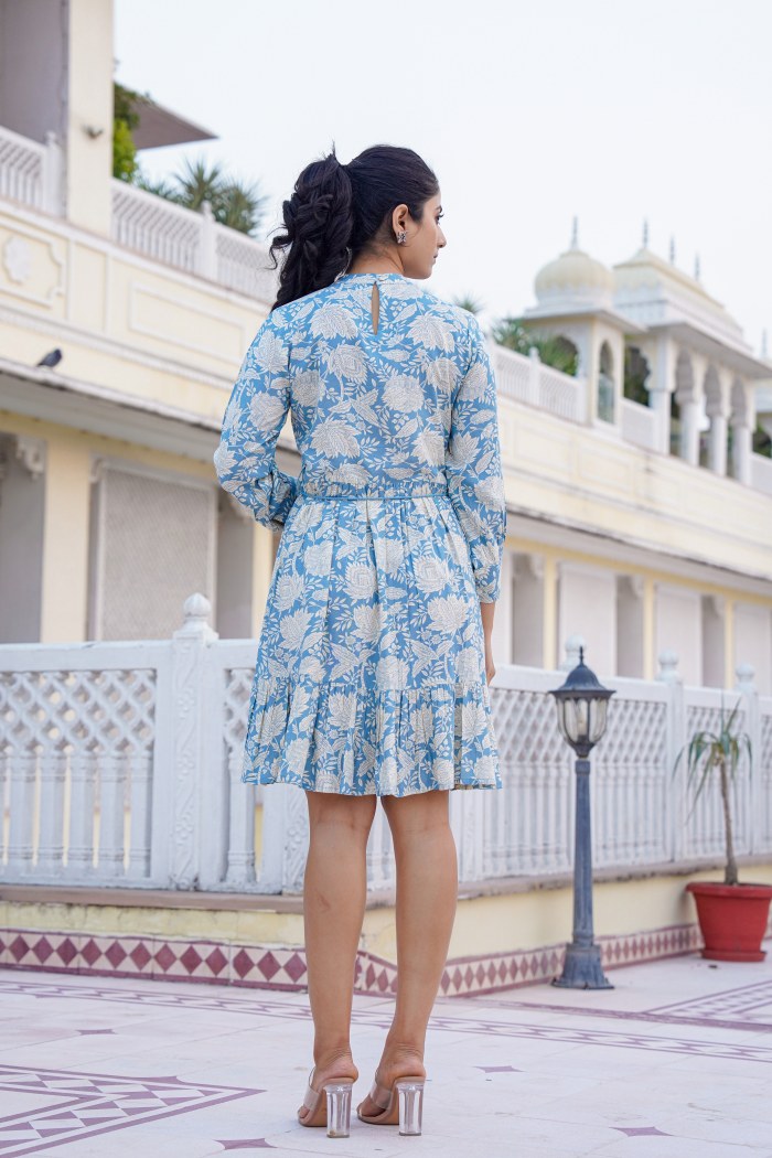 Sky Blue Floral A-Line Short Dress with Lace Detailing