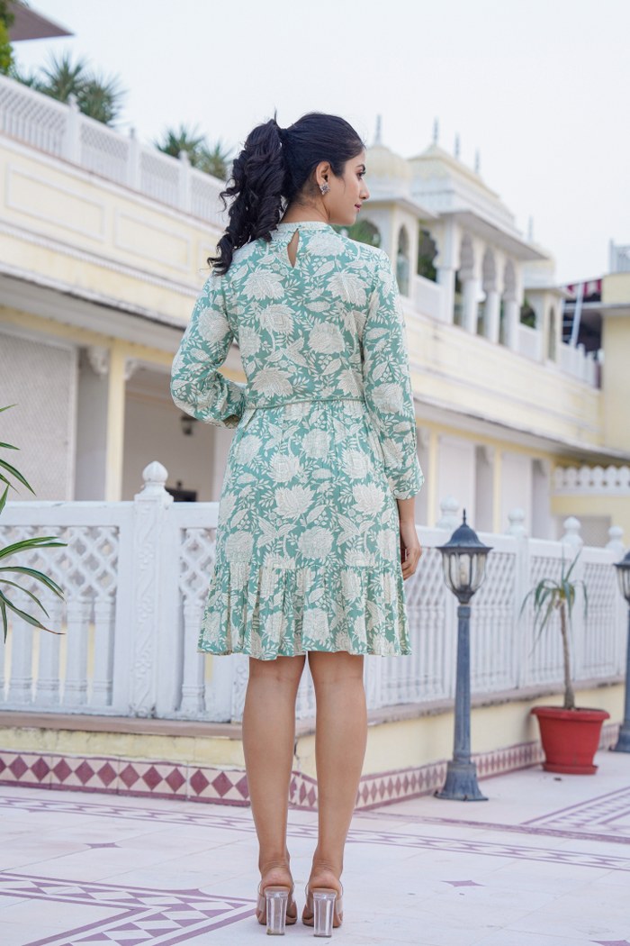 Mint Green Floral A-Line Short Dress with Lace Placket