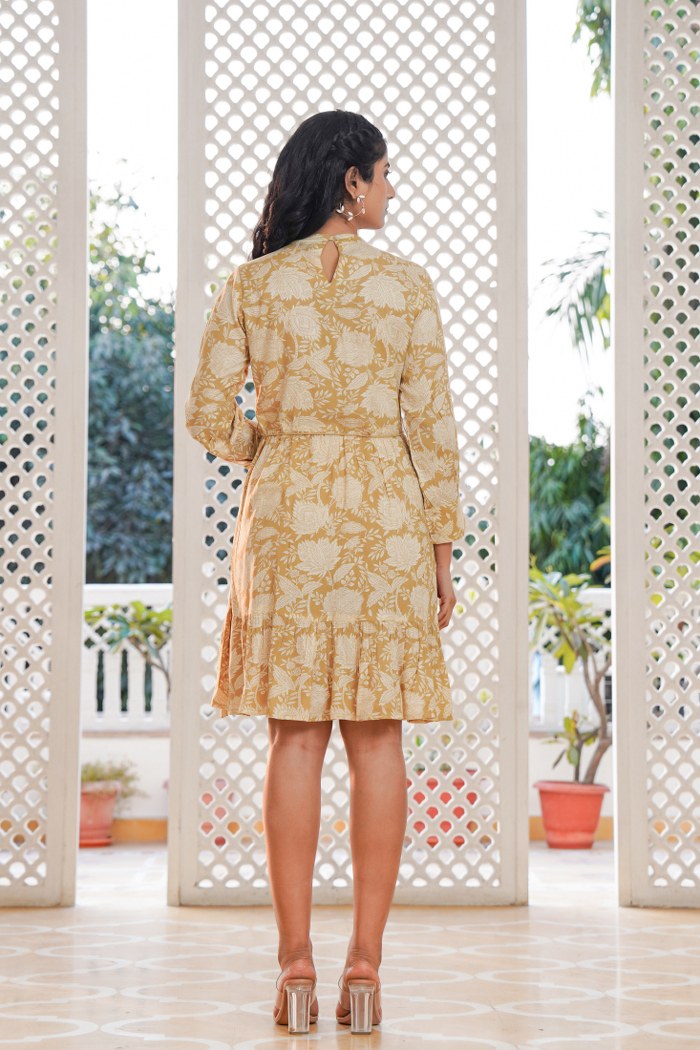 Beige Yellow Floral A-Line Short Dress with Lace Detailing