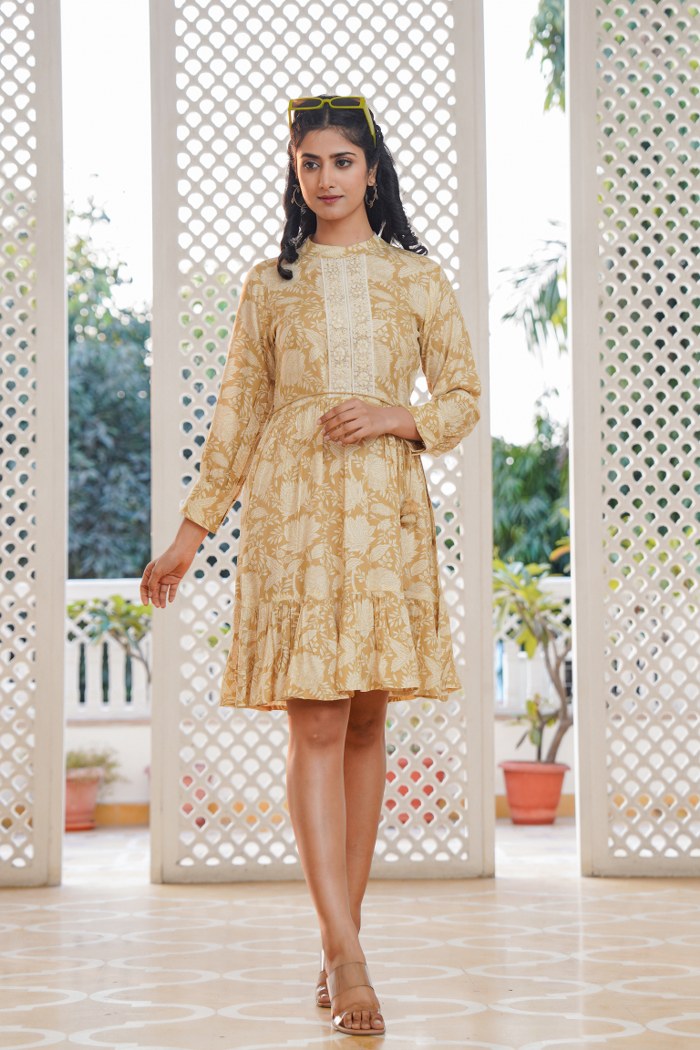 Beige Yellow Floral A-Line Short Dress with Lace Detailing