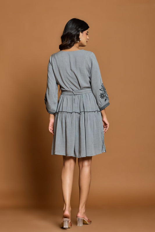 Slate Grey Embroidered A-Line Short Dress with Waist Belt