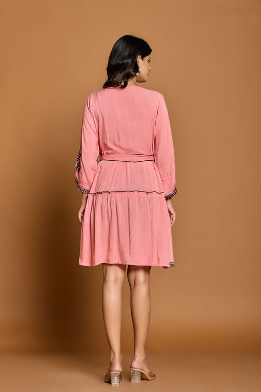 Peach Pink Embroidered A-Line Short Dress with Waist Belt