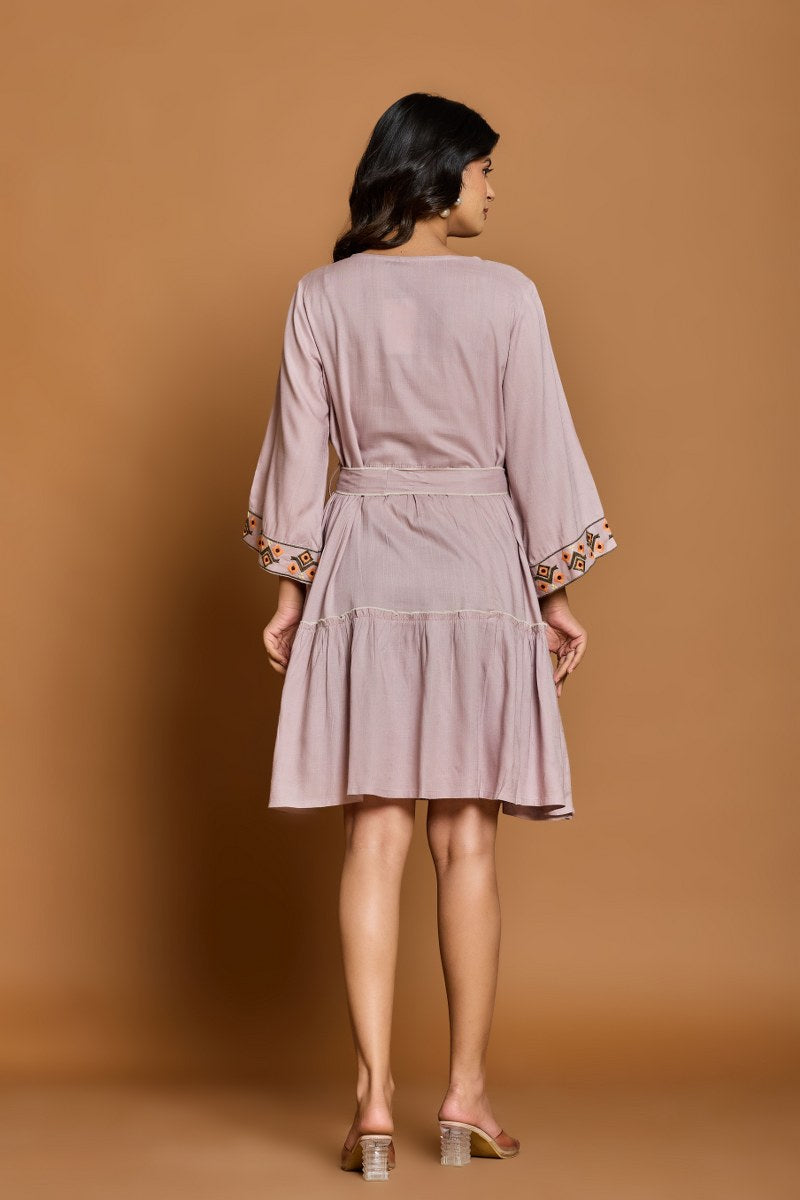Dusty Mauve Embroidered A-Line Short Dress with Waist Belt