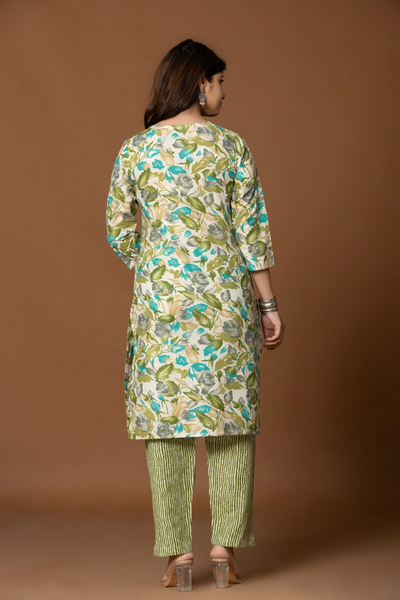 Floral Printed Cotton Kurta Set with Dupatta – Green & Blue Tones