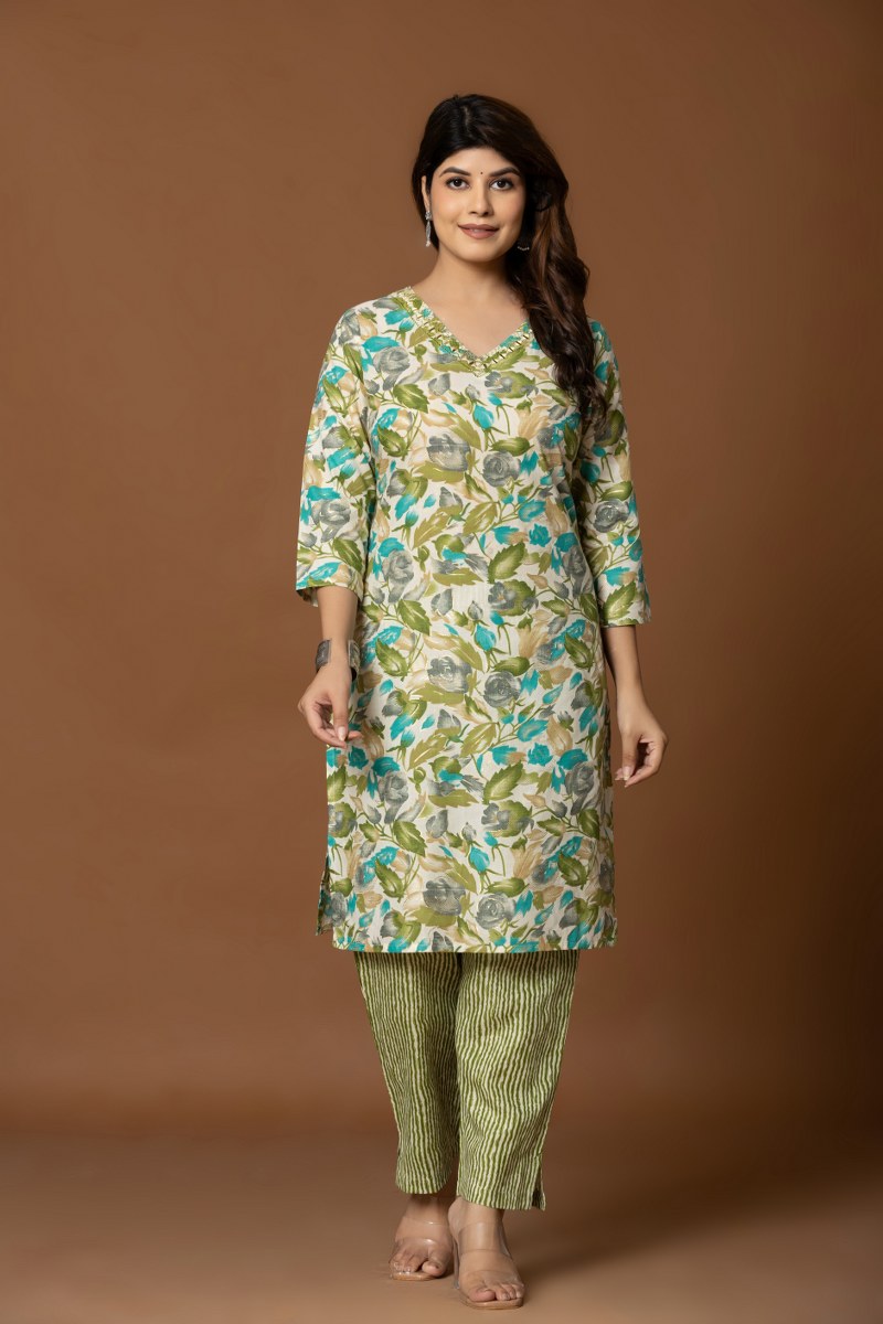 Floral Printed Cotton Kurta Set with Dupatta – Green & Blue Tones