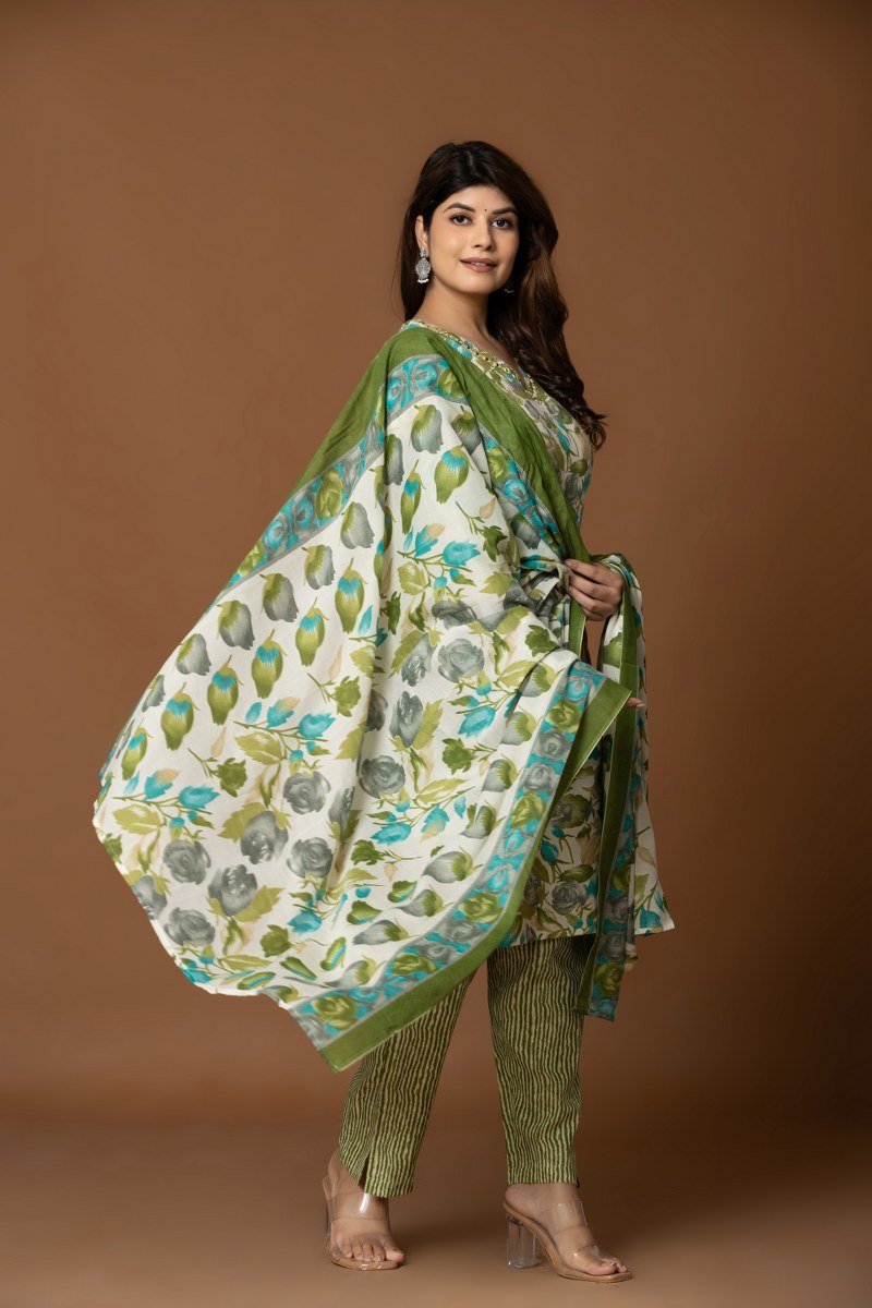 Floral Printed Cotton Kurta Set with Dupatta – Green & Blue Tones