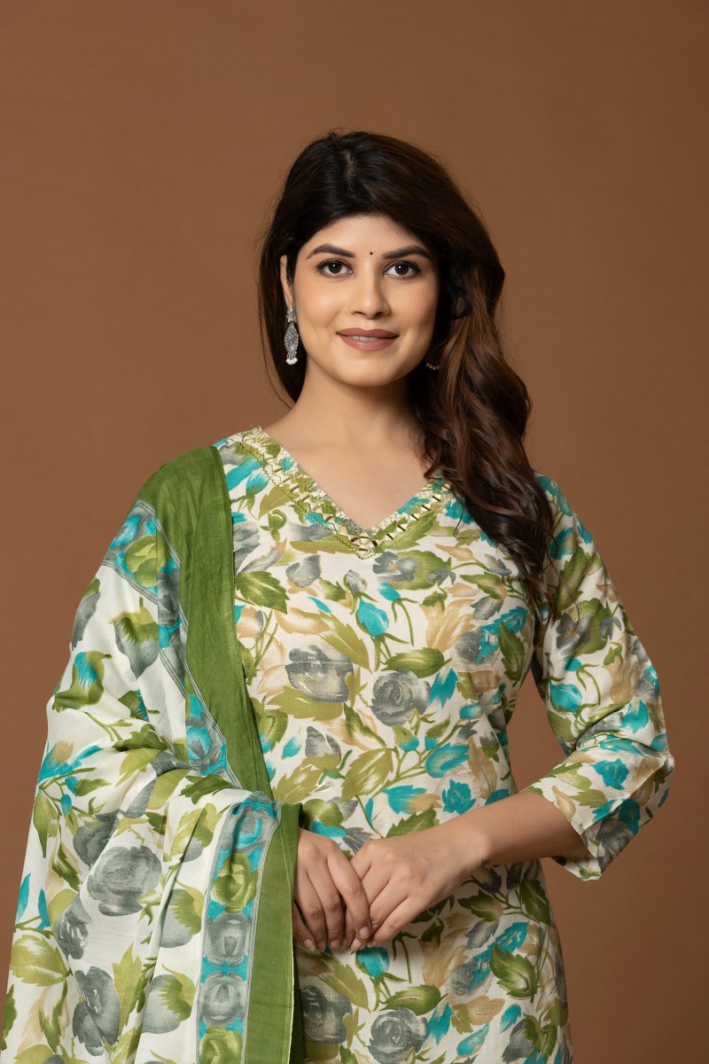 Floral Printed Cotton Kurta Set with Dupatta – Green & Blue Tones