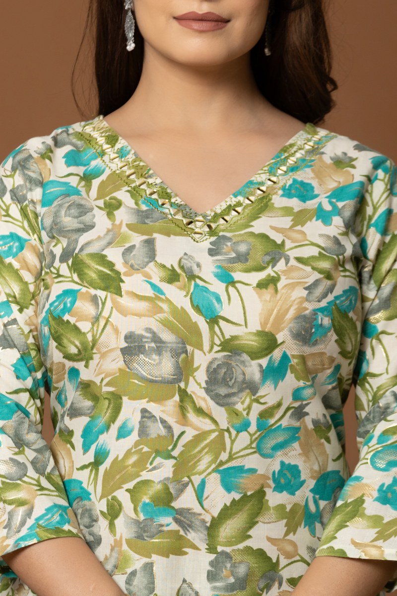 Floral Printed Cotton Kurta Set with Dupatta – Green & Blue Tones