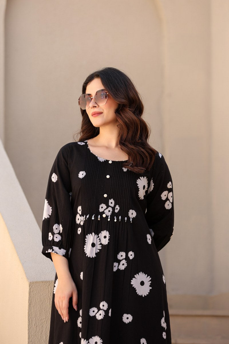 Black Floral Printed Cotton Cord Set for Women