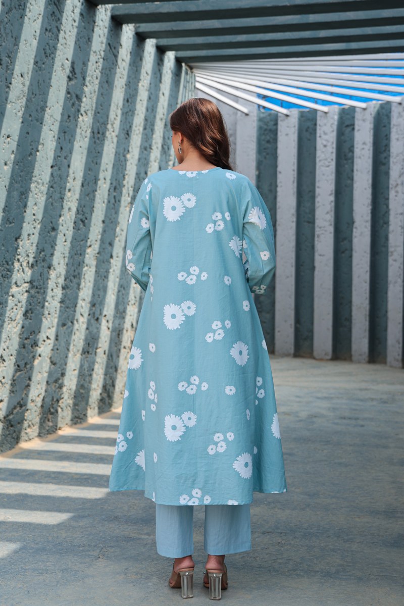 Blue Floral Printed Cotton Cord Set for Women
