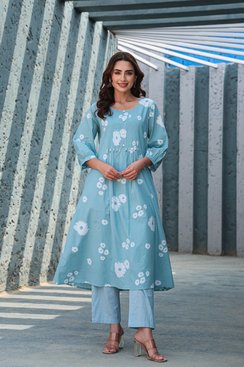 Blue Floral Printed Cotton Cord Set for Women