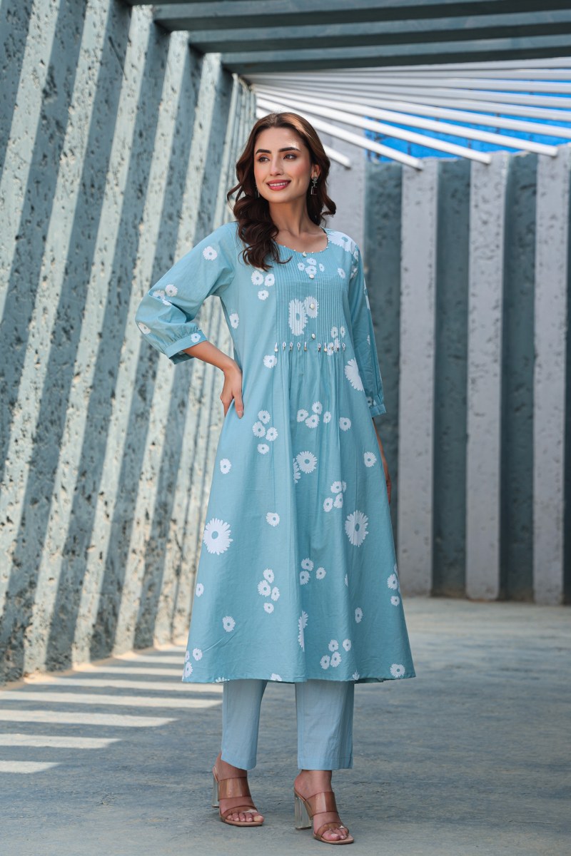 Blue Floral Printed Cotton Cord Set for Women