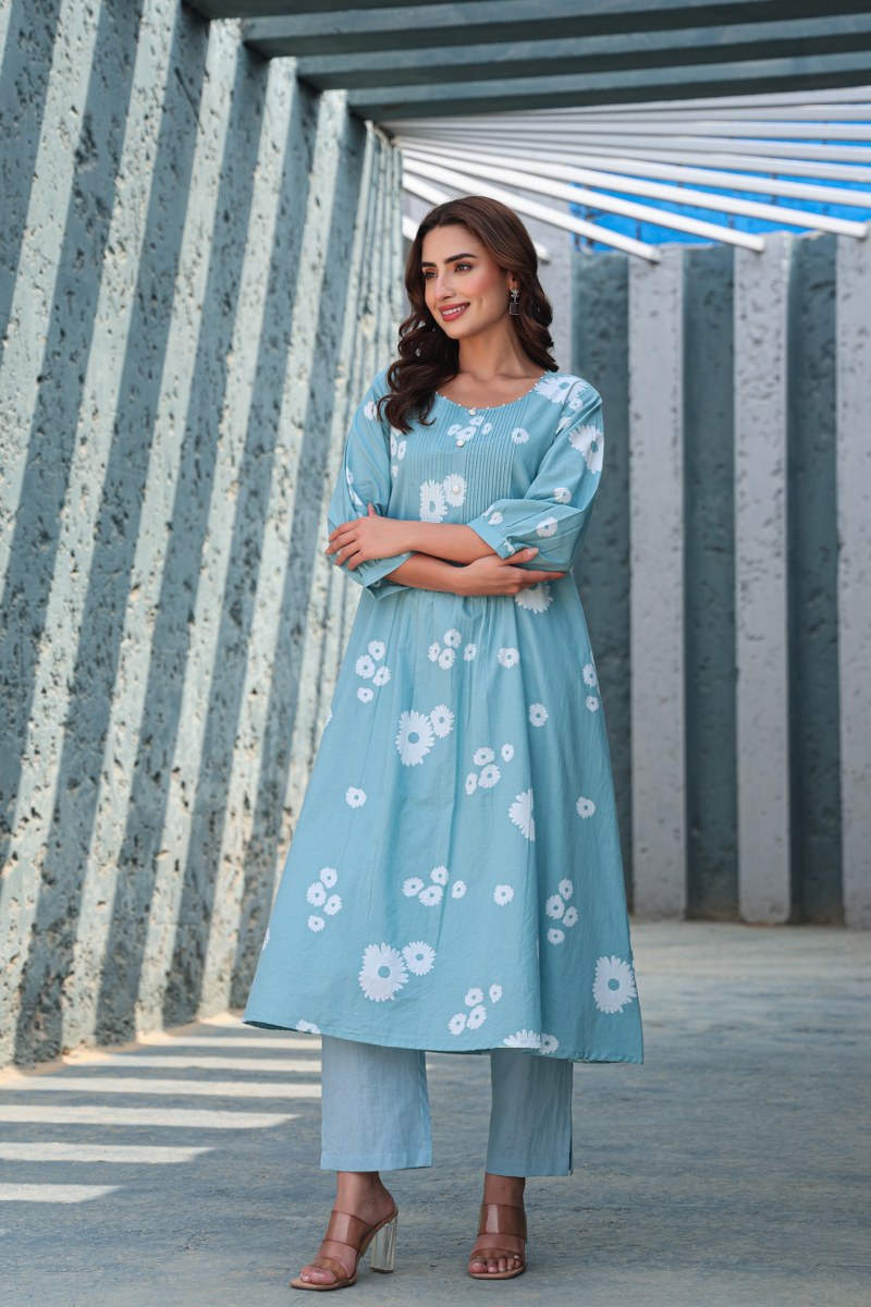 Blue Floral Printed Cotton Cord Set for Women