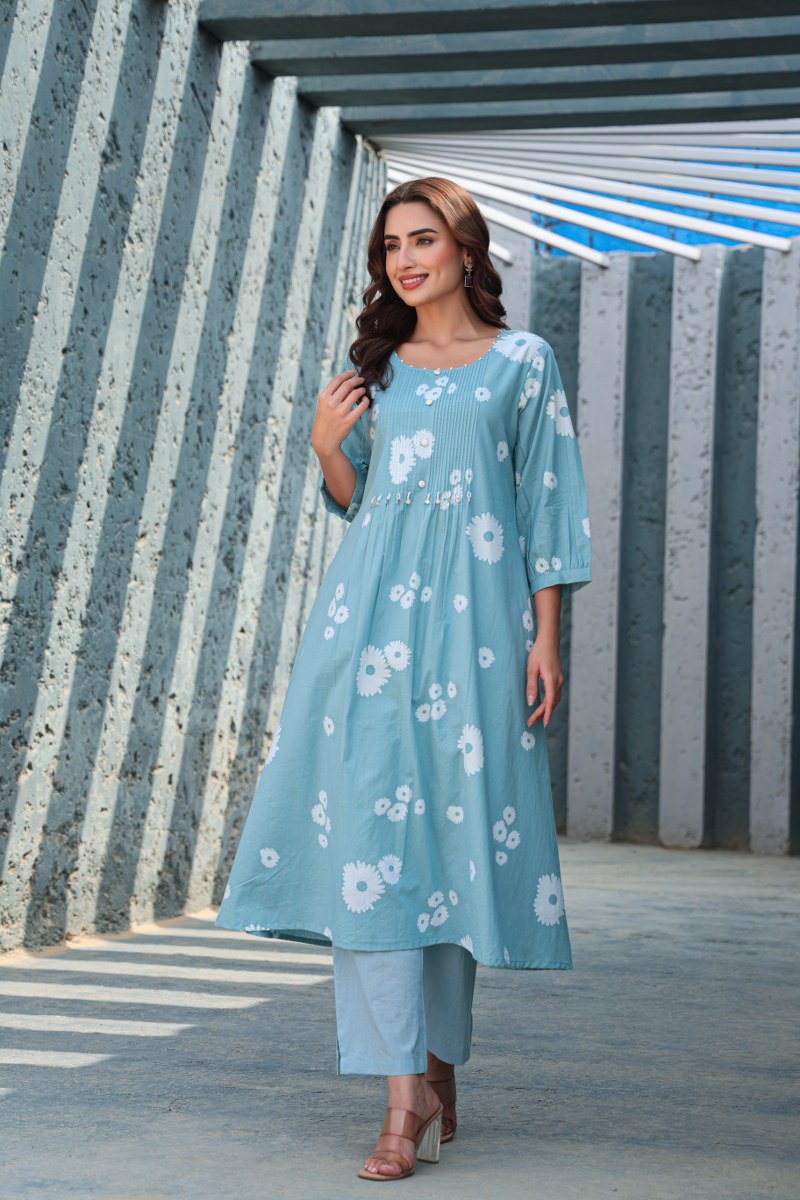 Blue Floral Printed Cotton Cord Set for Women