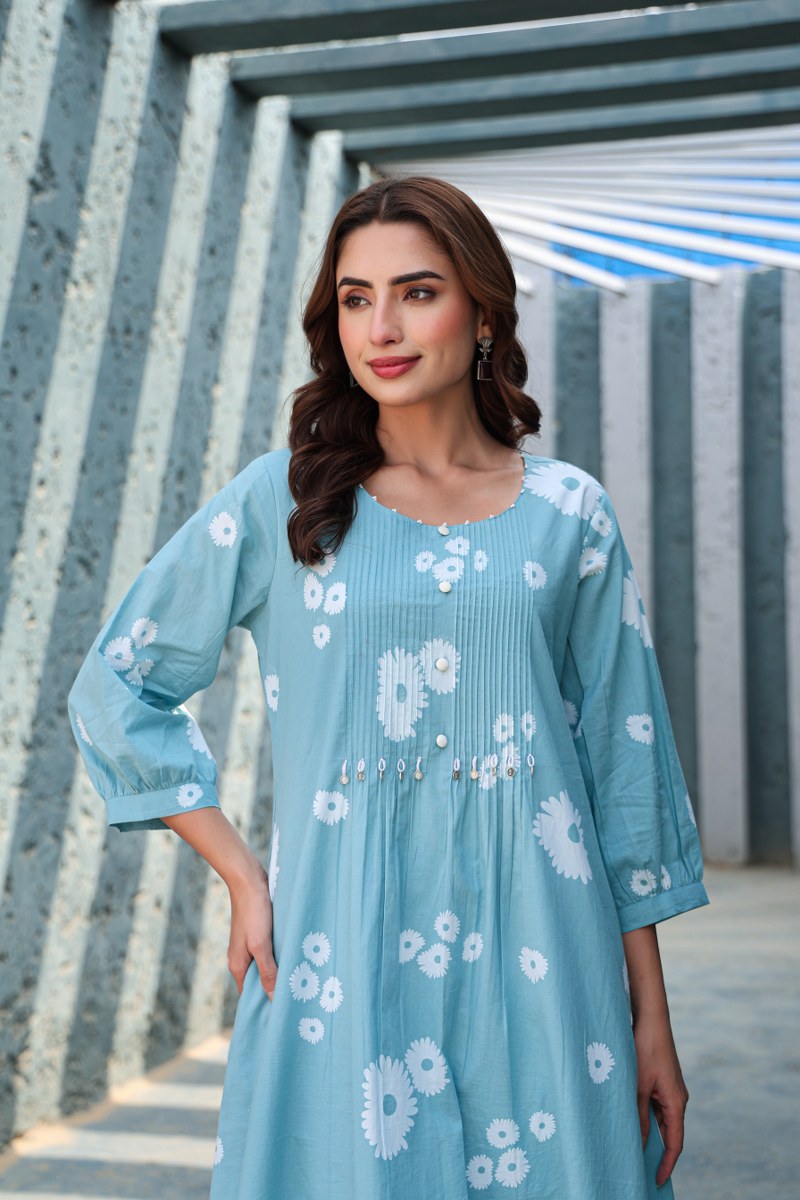 Blue Floral Printed Cotton Cord Set for Women