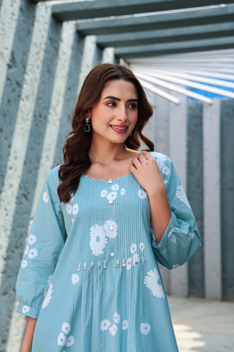 Blue Floral Printed Cotton Cord Set for Women