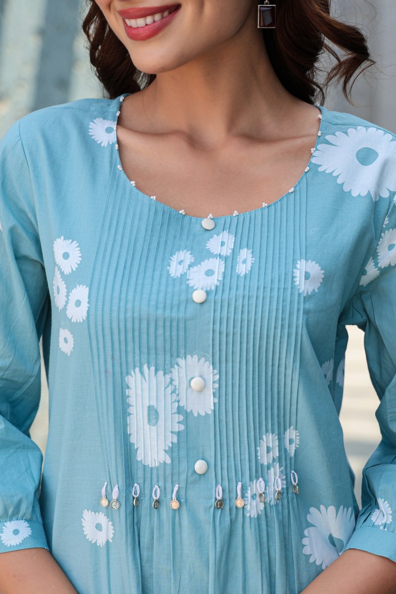 Blue Floral Printed Cotton Cord Set for Women