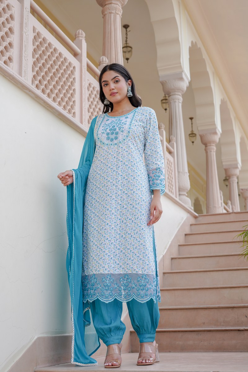 Sky Blue Floral Embroidered Cotton 3-Piece Kurta Set with Dupatta