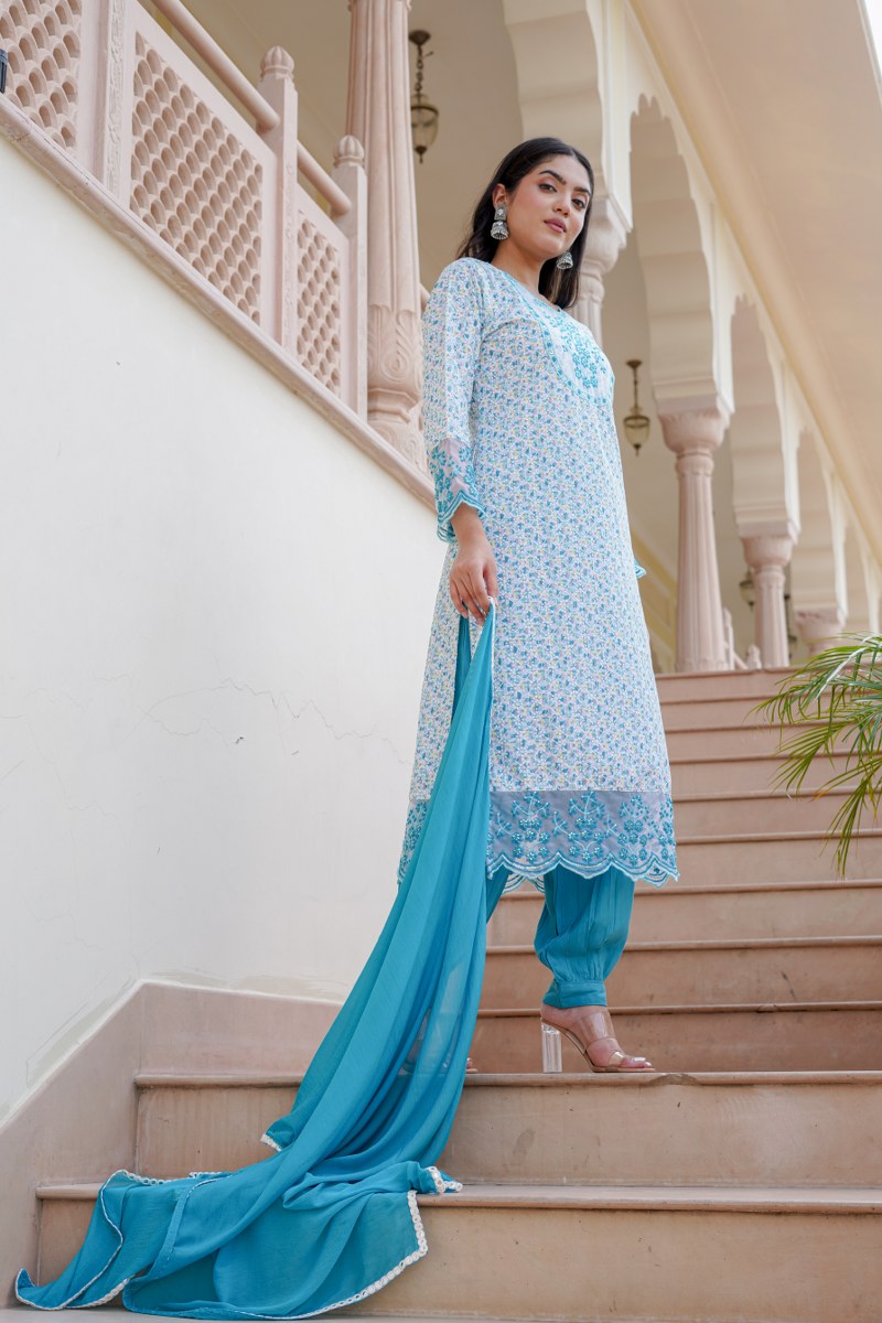 Sky Blue Floral Embroidered Cotton 3-Piece Kurta Set with Dupatta