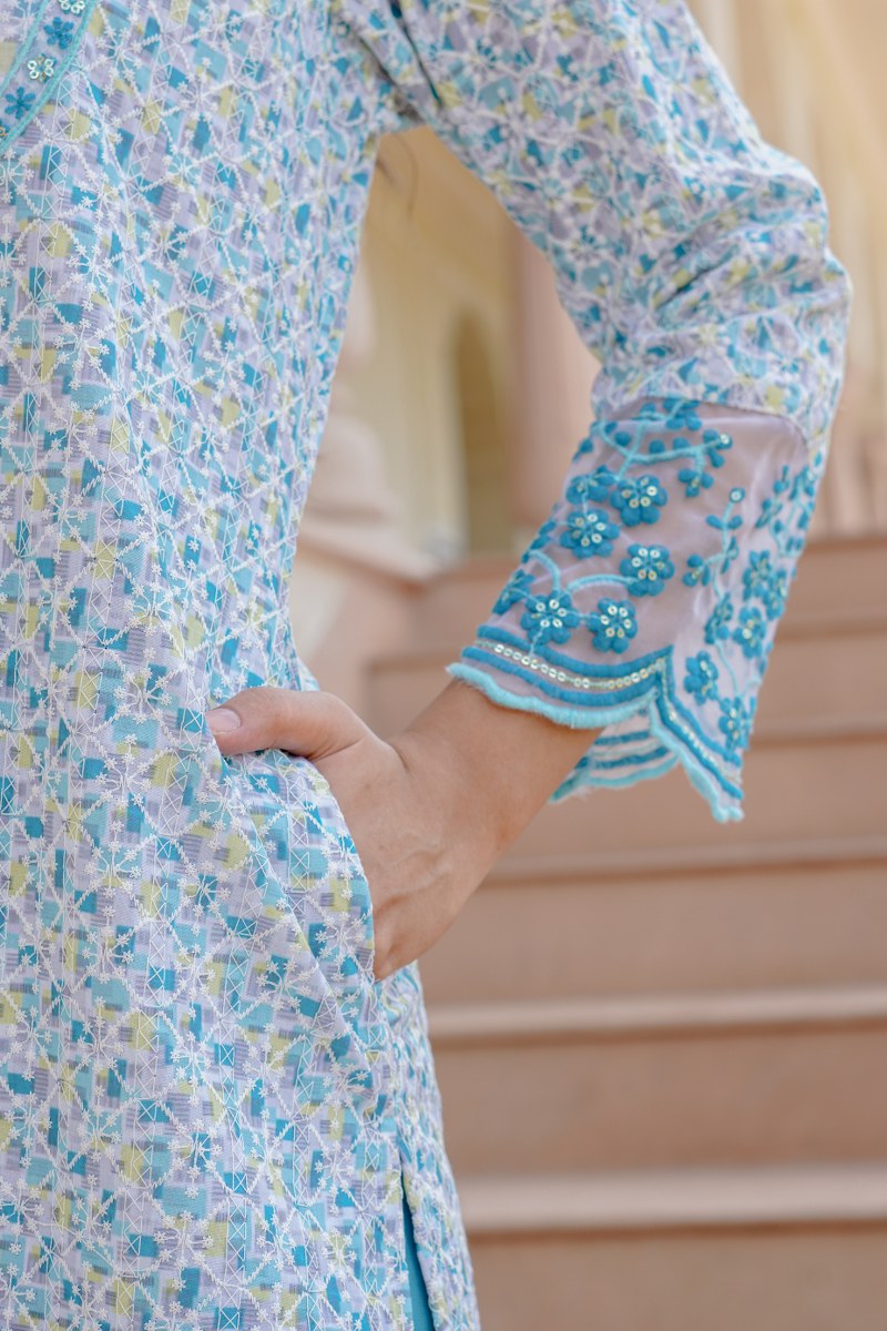 Sky Blue Floral Embroidered Cotton 3-Piece Kurta Set with Dupatta