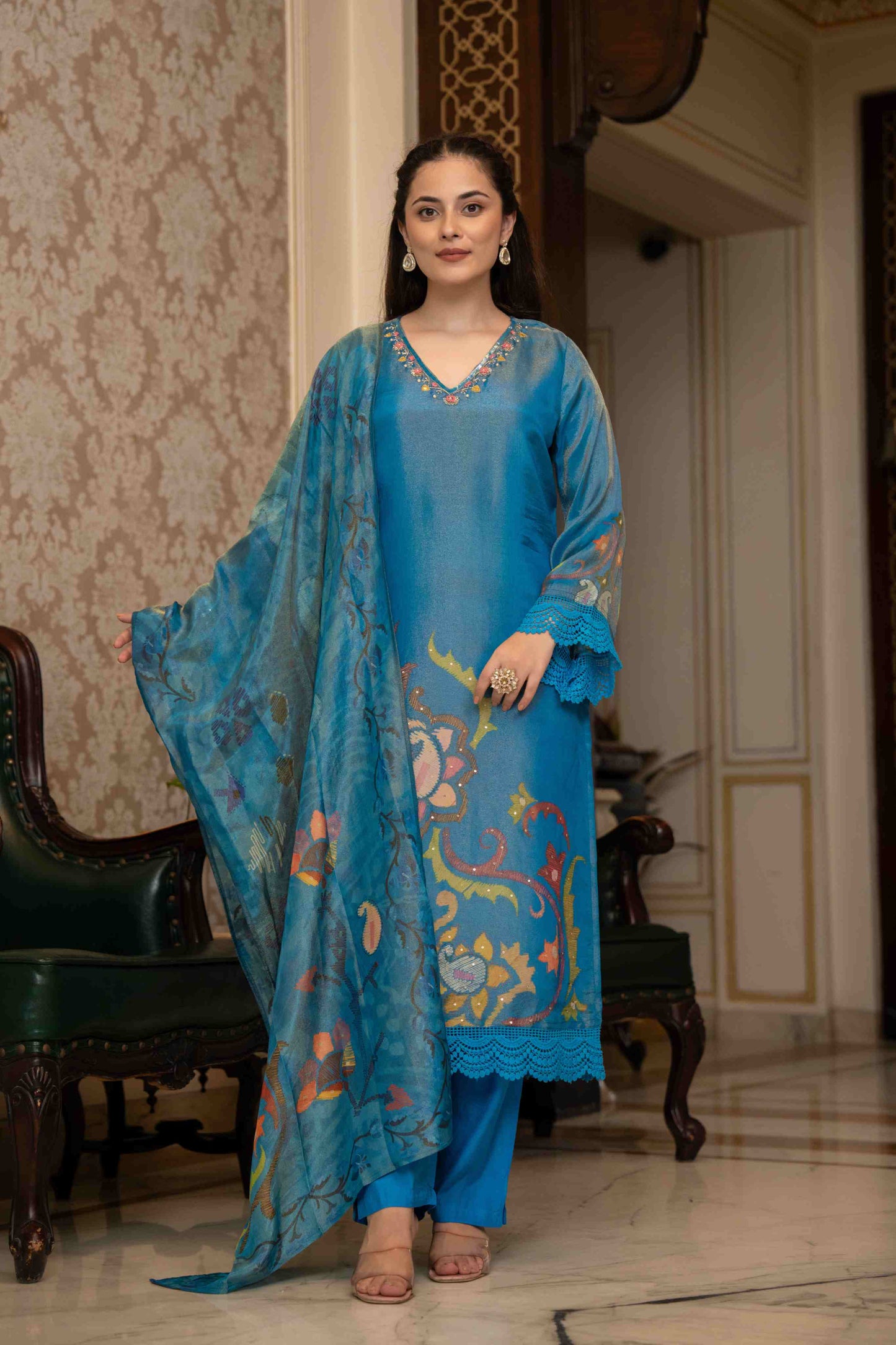 Royal Blue Embroidered Floral Muslin 3-Piece Kurta Set with Dupatta