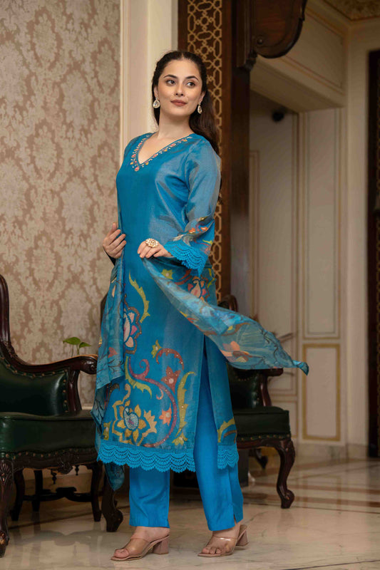 Royal Blue Embroidered Floral Muslin 3-Piece Kurta Set with Dupatta