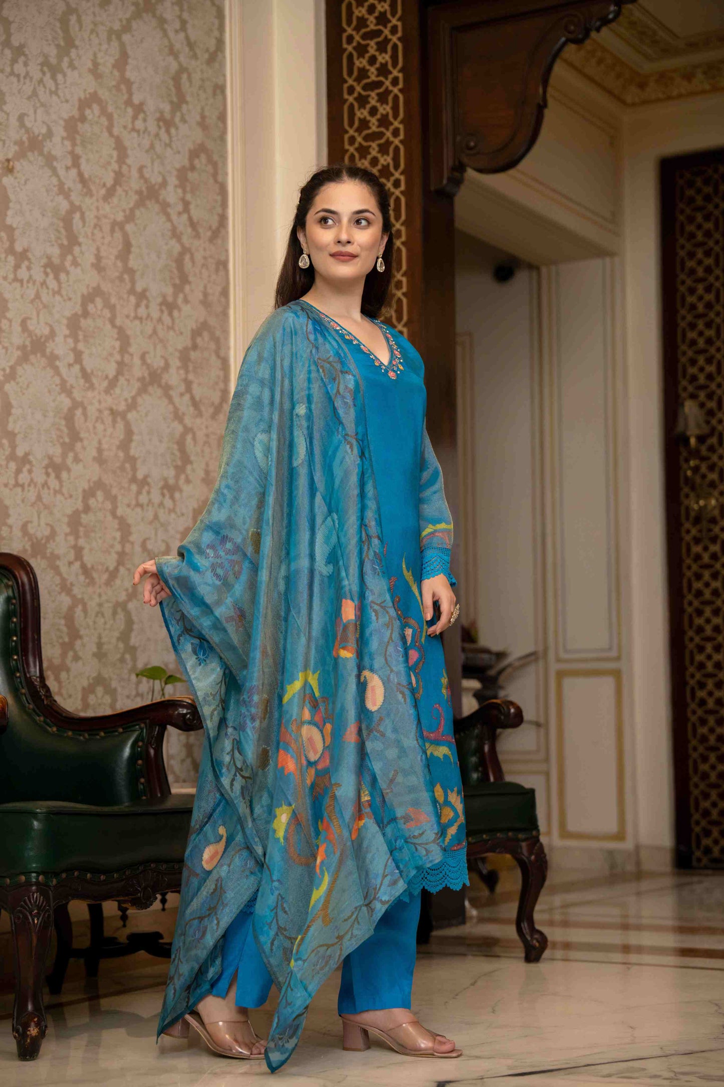 Royal Blue Embroidered Floral Muslin 3-Piece Kurta Set with Dupatta